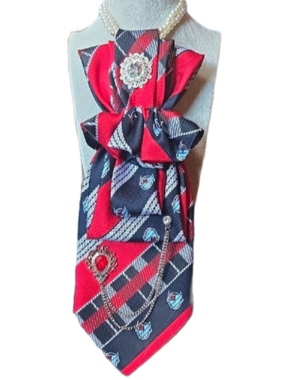 3/$60 Statement Red and Black Patterned Cravat With Silver Toned Accents